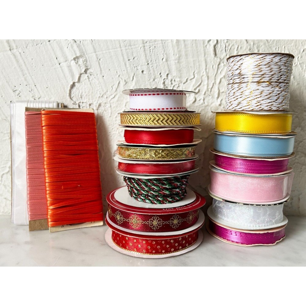 Christmas Ribbon & More Lot of 15 New & Partial Rolls Red Gold Sparkly Braided